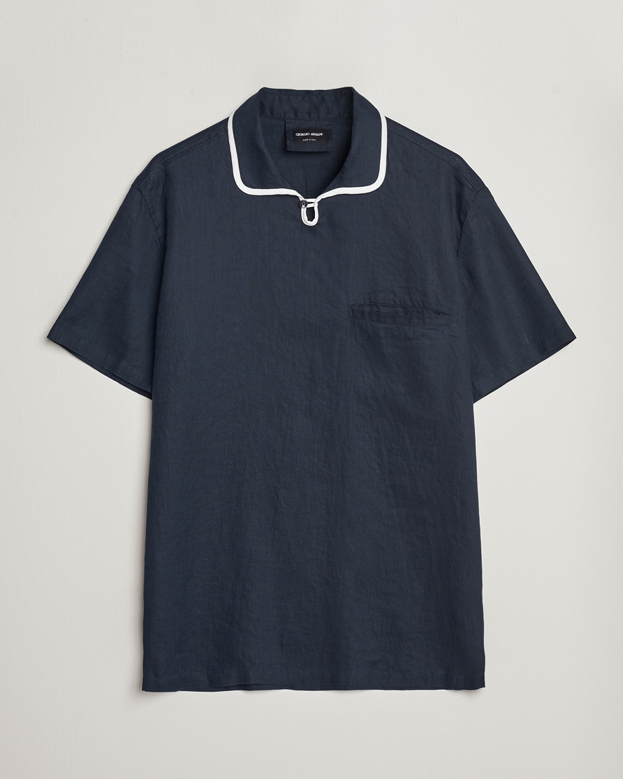 Mies | Kauluspaidat | Giorgio Armani | Linen Guru Collar Short Sleeve Shirt Navy