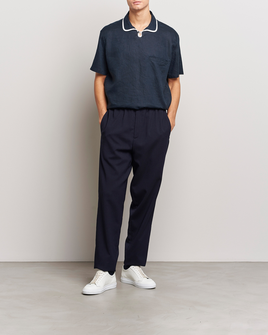 Mies | Kauluspaidat | Giorgio Armani | Linen Guru Collar Short Sleeve Shirt Navy