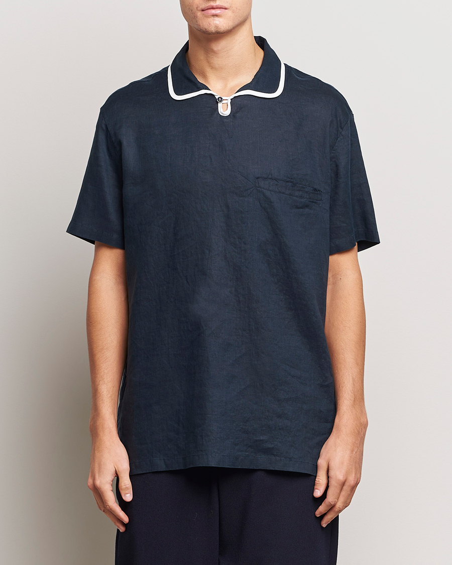Mies | Kauluspaidat | Giorgio Armani | Linen Guru Collar Short Sleeve Shirt Navy
