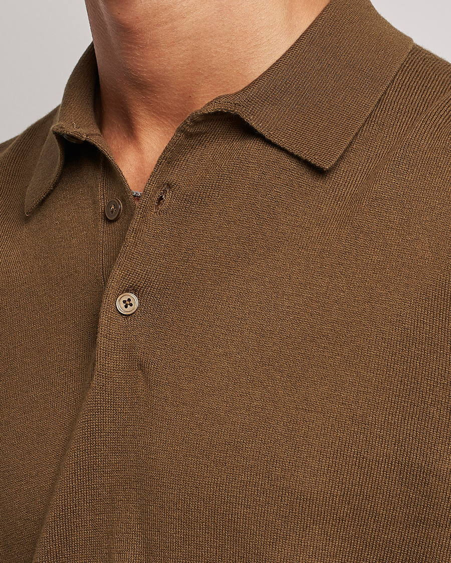 Mies | Puserot | Filippa K | Knitted Polo Shirt Bronze Green