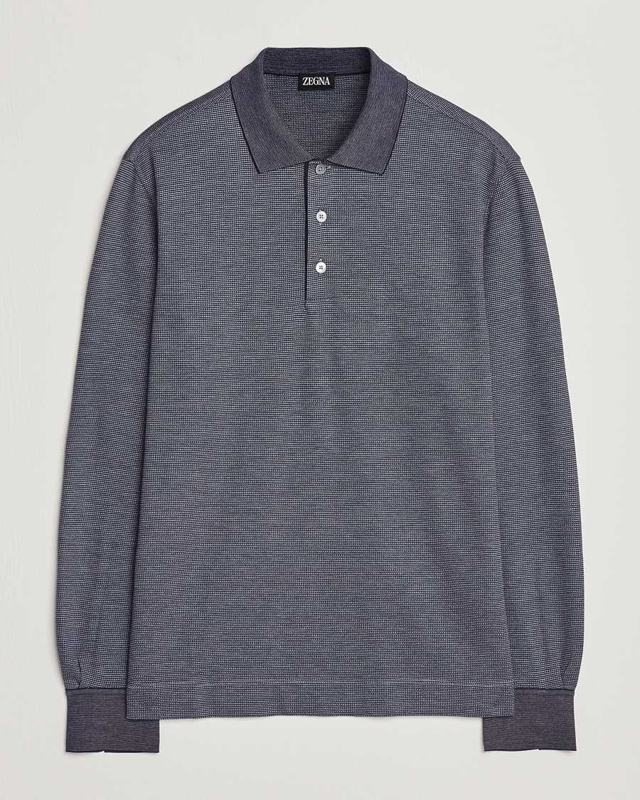 Mies | Puserot | Zegna | Cotton/Silk Long Sleeve Polo Dark Blue