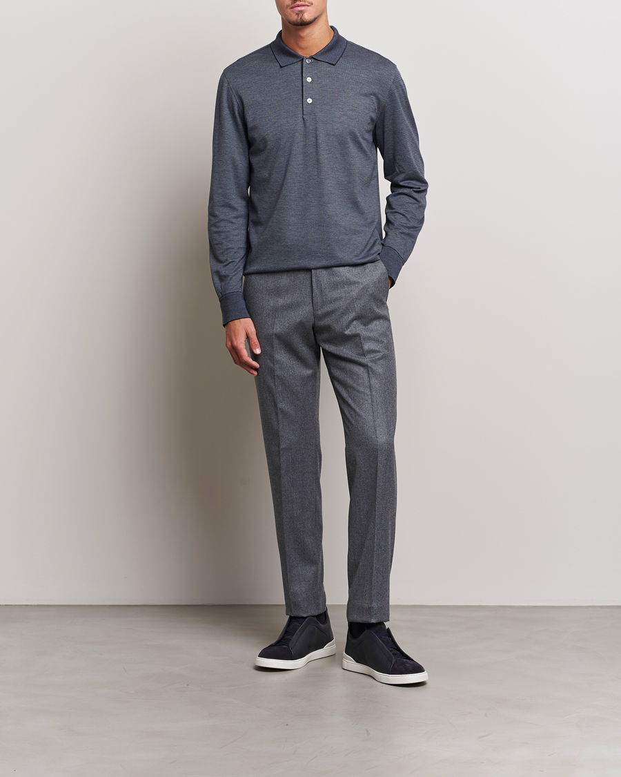 Mies | Puserot | Zegna | Cotton/Silk Long Sleeve Polo Dark Blue