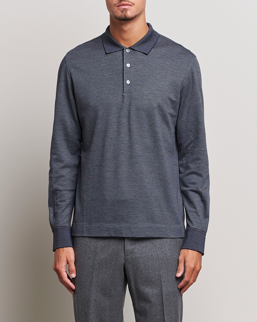 Mies | Puserot | Zegna | Cotton/Silk Long Sleeve Polo Dark Blue