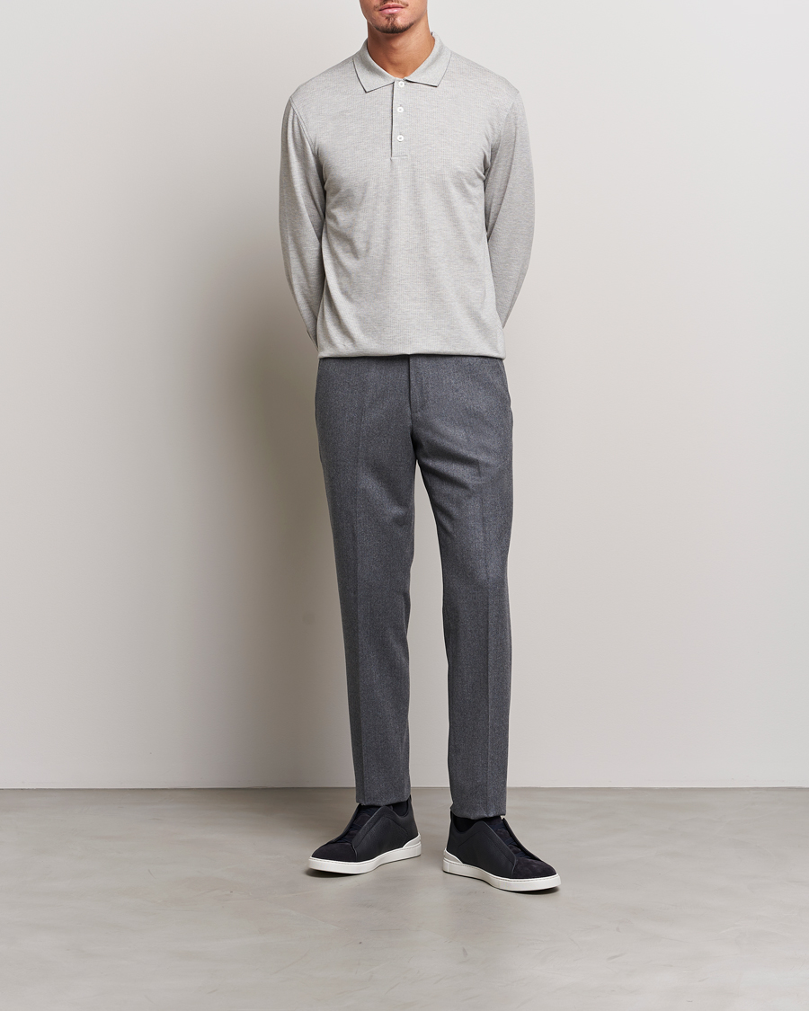Mies | Puserot | Zegna | Cotton/Silk Long Sleeve Polo Light Grey