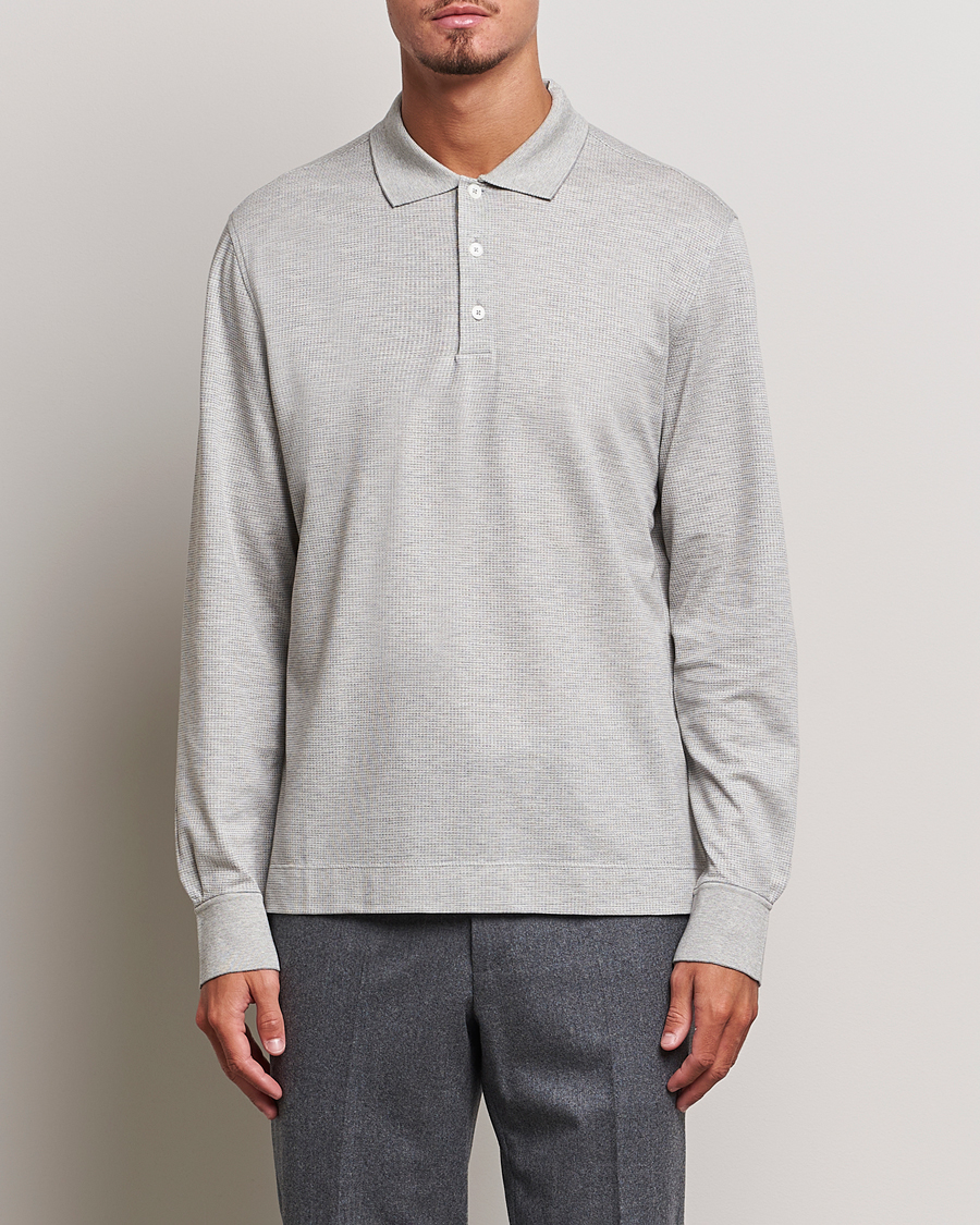 Mies | Puserot | Zegna | Cotton/Silk Long Sleeve Polo Light Grey