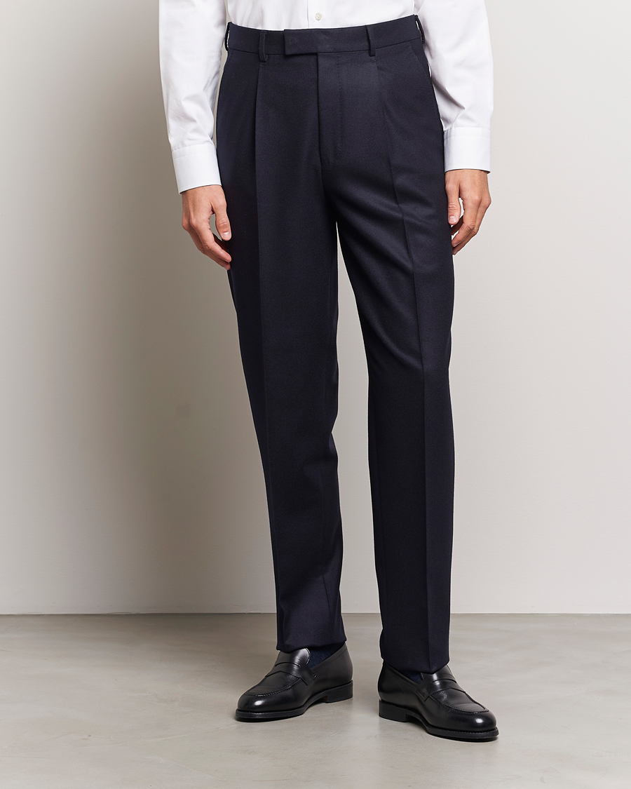 Mies | Housut | Zegna | Pleated Flannel Trousers Navy