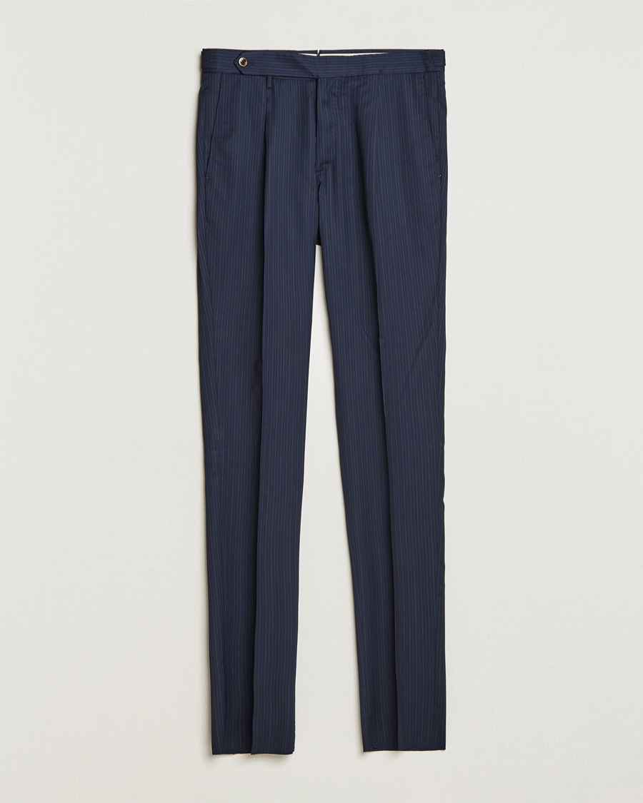 Mies |  | PT01 | Slim Fit Pleated Wool Trousers Navy Pin