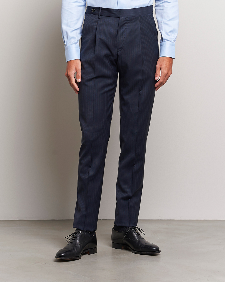 Mies | Housut | PT01 | Slim Fit Pleated Wool Trousers Navy Pin