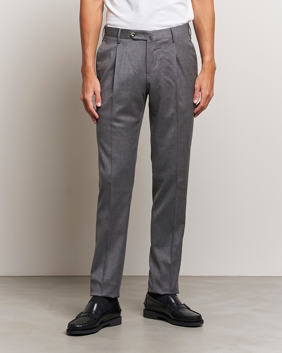 Mies | Flanellihousut | PT01 | Slim Fit Pleated Flannel Trousers Grey Melange