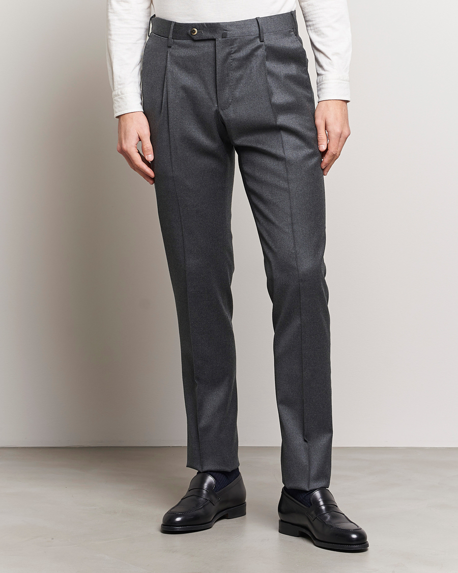 Mies | Flanellihousut | PT01 | Slim Fit Pleated Flannel Trousers Dark Grey