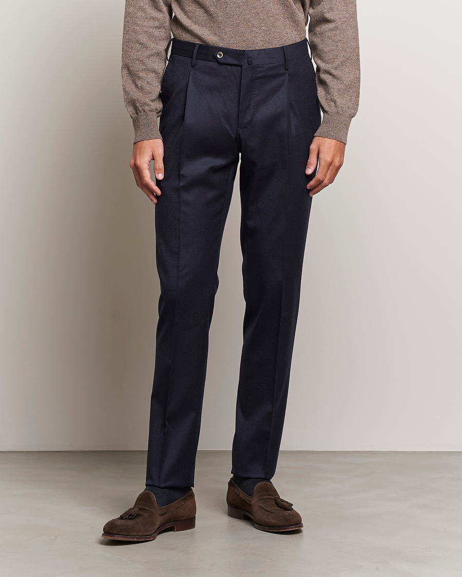 Mies |  | PT01 | Slim Fit Pleated Flannel Trousers Navy