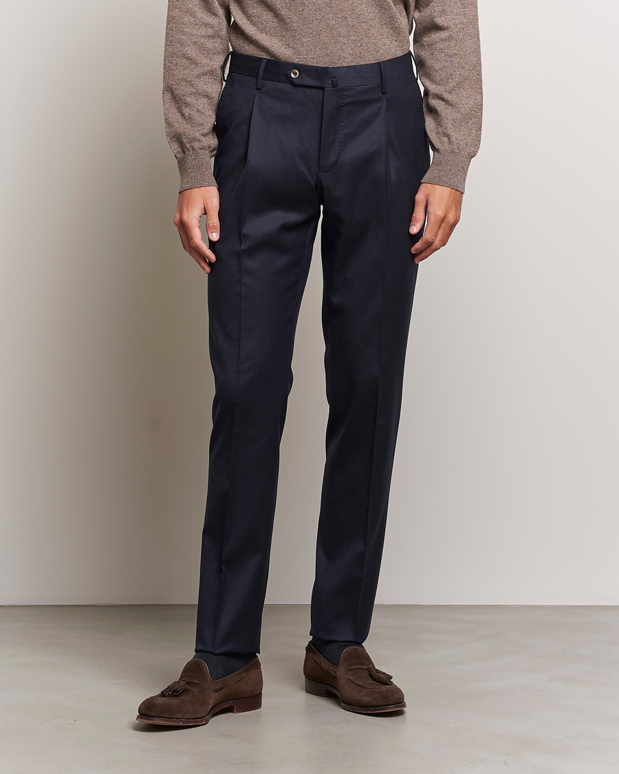 Mies | Housut | PT01 | Slim Fit Pleated Flannel Trousers Navy