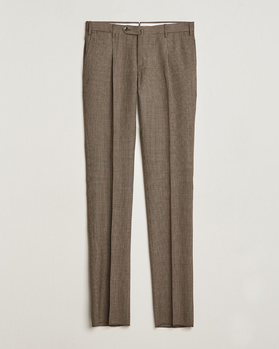 Mies | Flanellihousut | PT01 | Slim Fit Pleated Houndstooth Trousers Light Brown