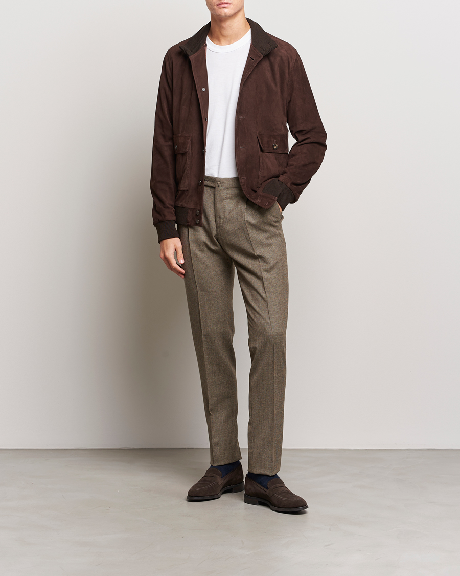 Mies | Housut | PT01 | Slim Fit Pleated Houndstooth Trousers Light Brown