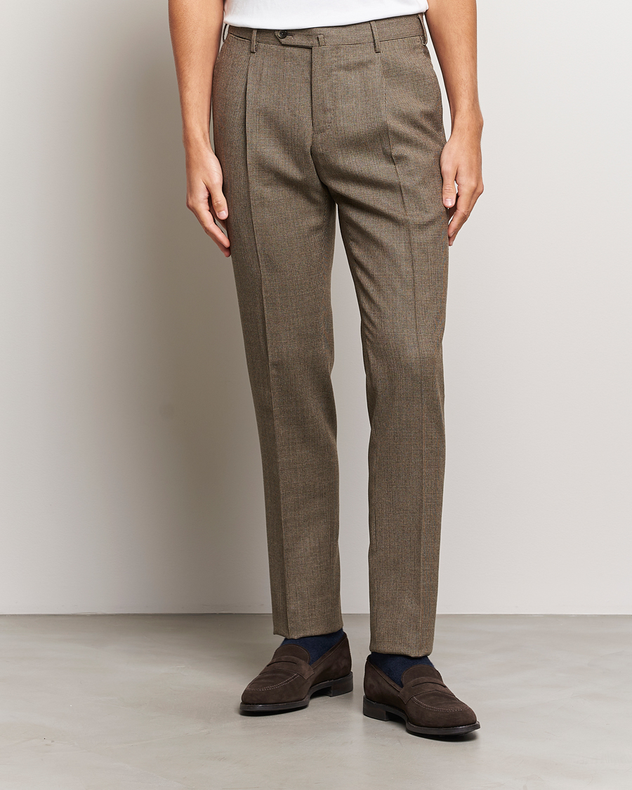 Mies | Quiet Luxury | PT01 | Slim Fit Pleated Houndstooth Trousers Light Brown