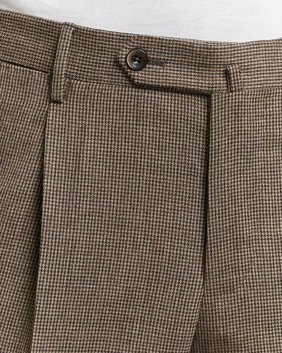 Mies | Housut | PT01 | Slim Fit Pleated Houndstooth Trousers Light Brown