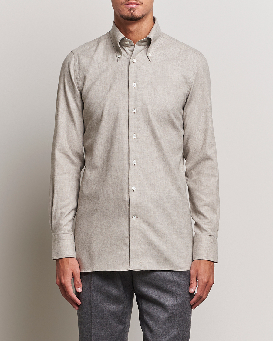 Mies | Arkipuku | 100Hands | Cotton/Cashmere Button Down Flannel Shirt Taupe