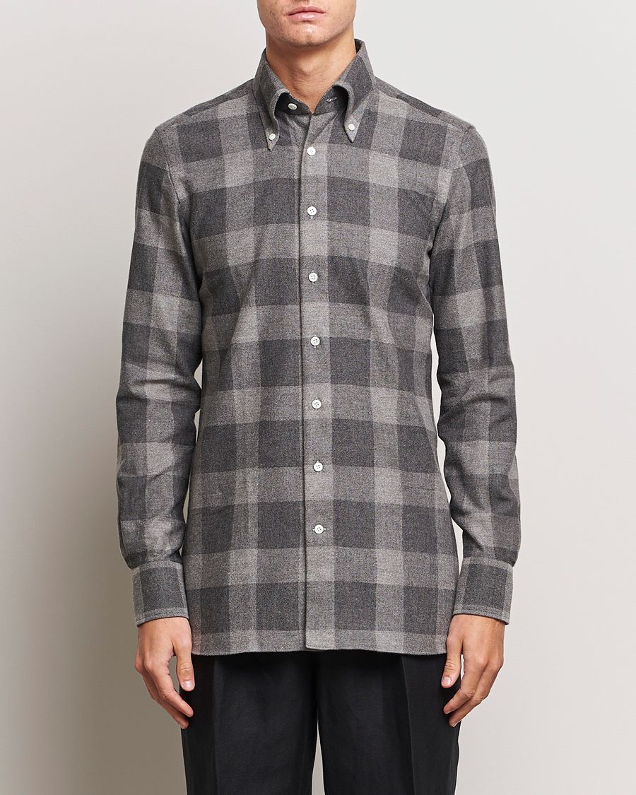 Mies | Rennot | 100Hands | Large Checked Yak Wool Flannel Shirt Grey