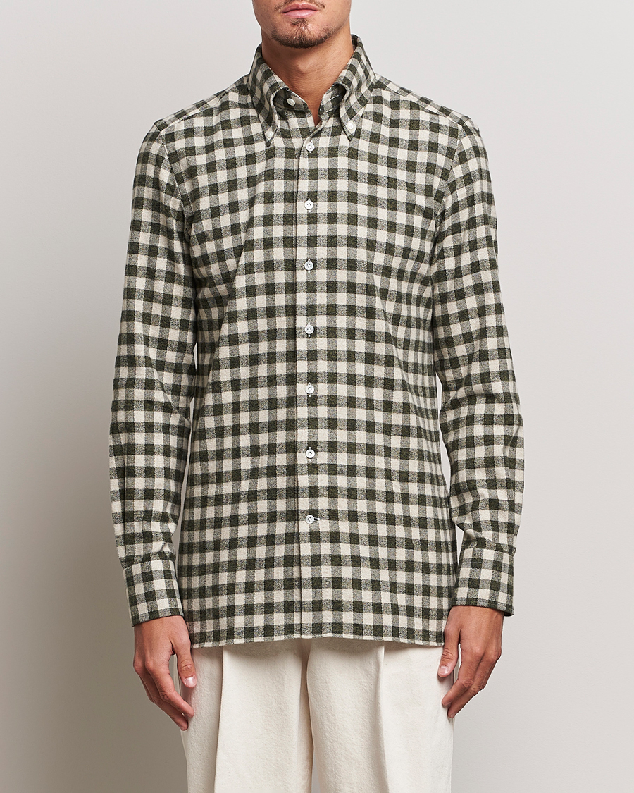 Mies | Business & Beyond | 100Hands | Checked Cotton Flannel Shirt Green Grey