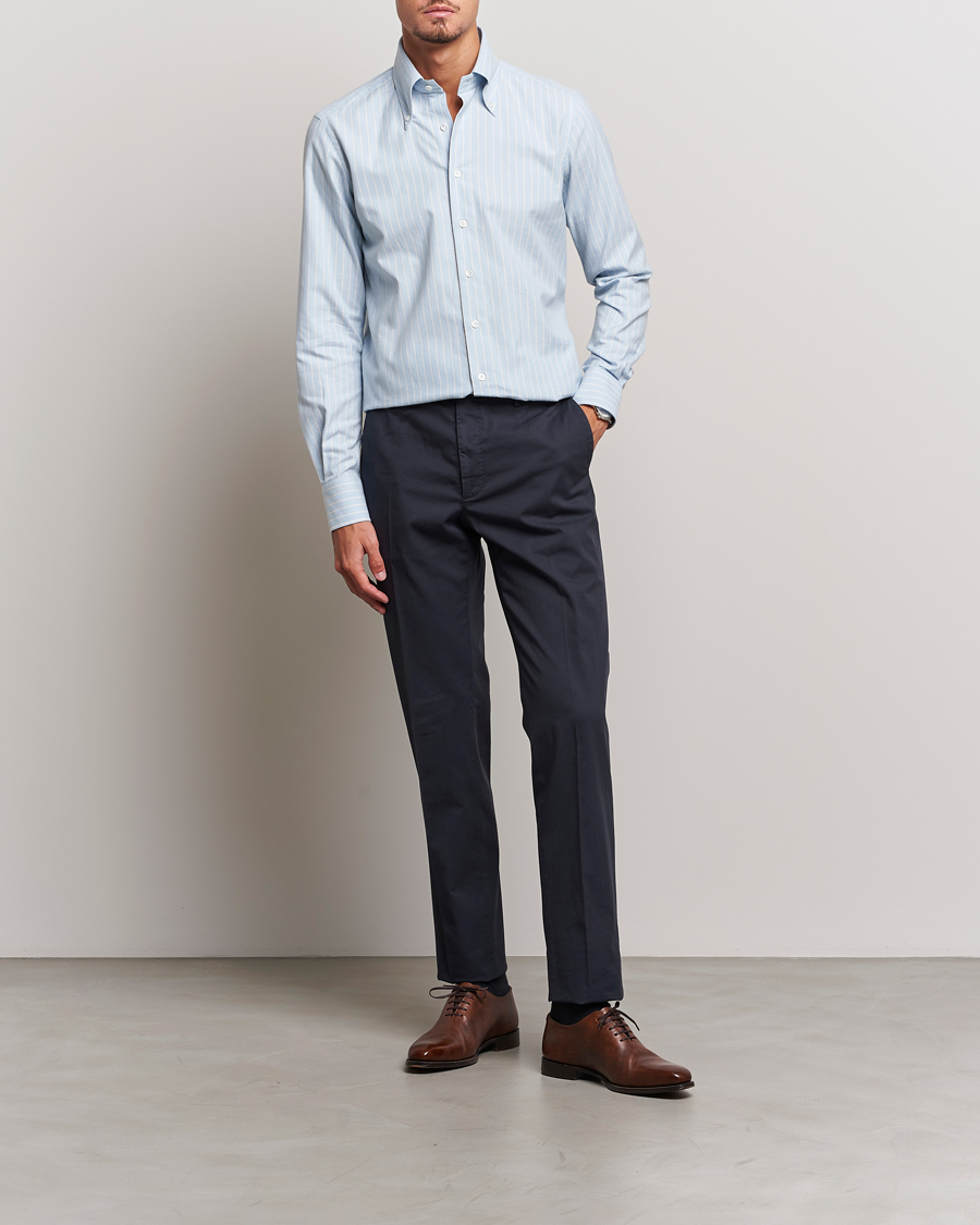 Mies | Kauluspaidat | 100Hands | Striped Cotton Flannel Shirt Light Blue