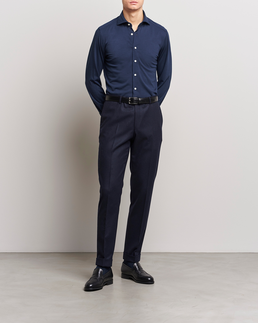 Mies | Kauluspaidat | 100Hands | Wool Cut Away Shirt Navy Blue