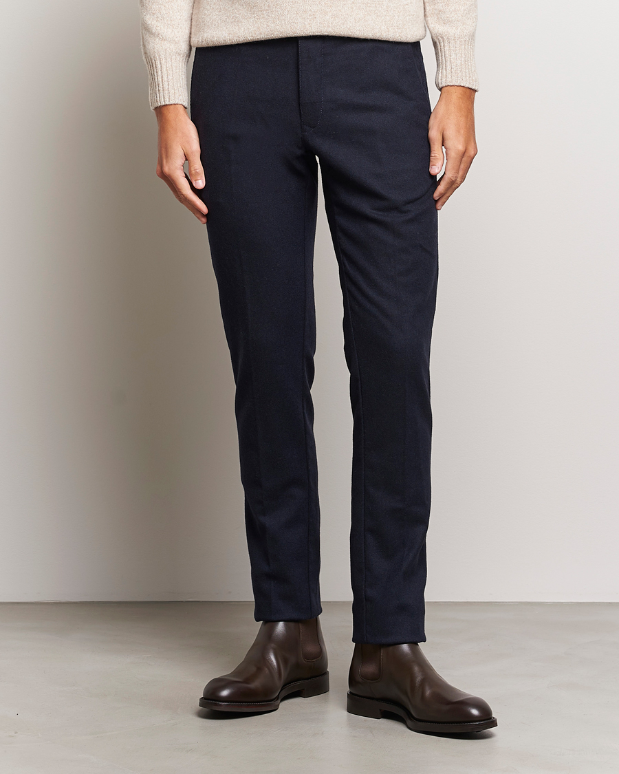 Mies | Housut | Incotex | Slim Fit Washed Flannel Stretch Slacks Navy