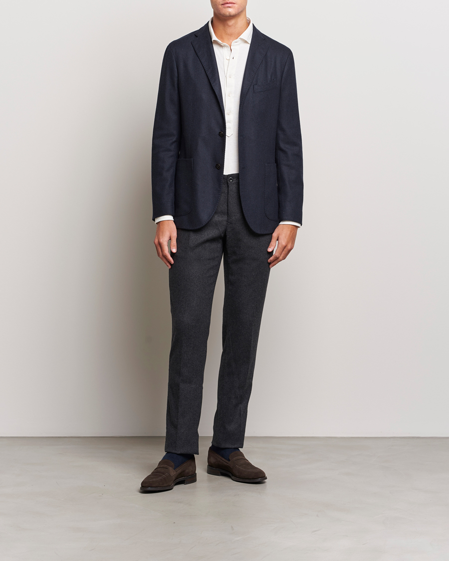 Mies | Housut | Incotex | Slim Fit Washed Flannel Stretch Slacks Dark Grey
