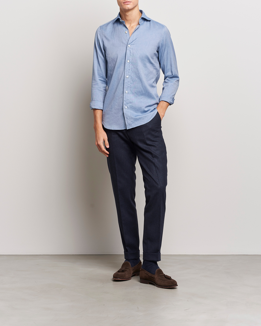 Mies | Kauluspaidat | Finamore Napoli | Tokyo Slim Flannel Shirt Light Blue
