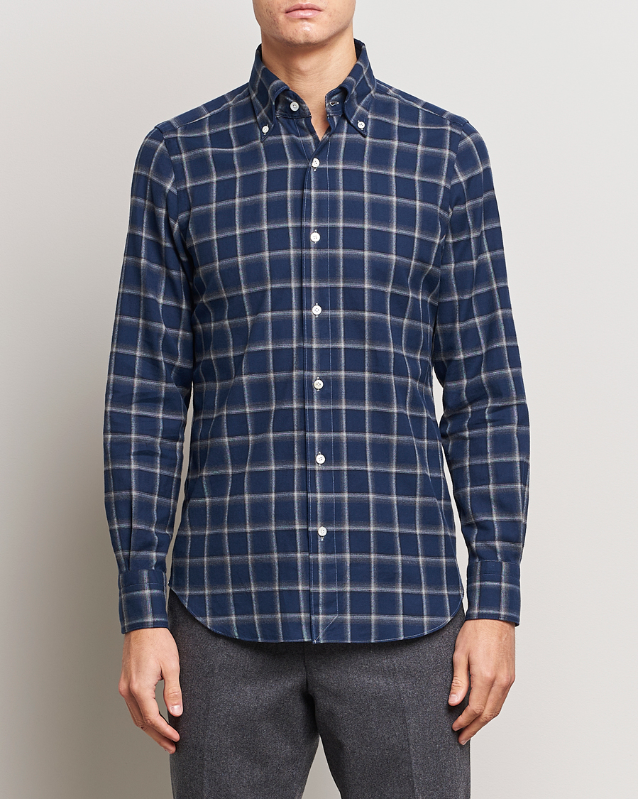 Mies | Kauluspaidat | Finamore Napoli | Tokyo Slim Flannel Button Down Shirt Navy Check