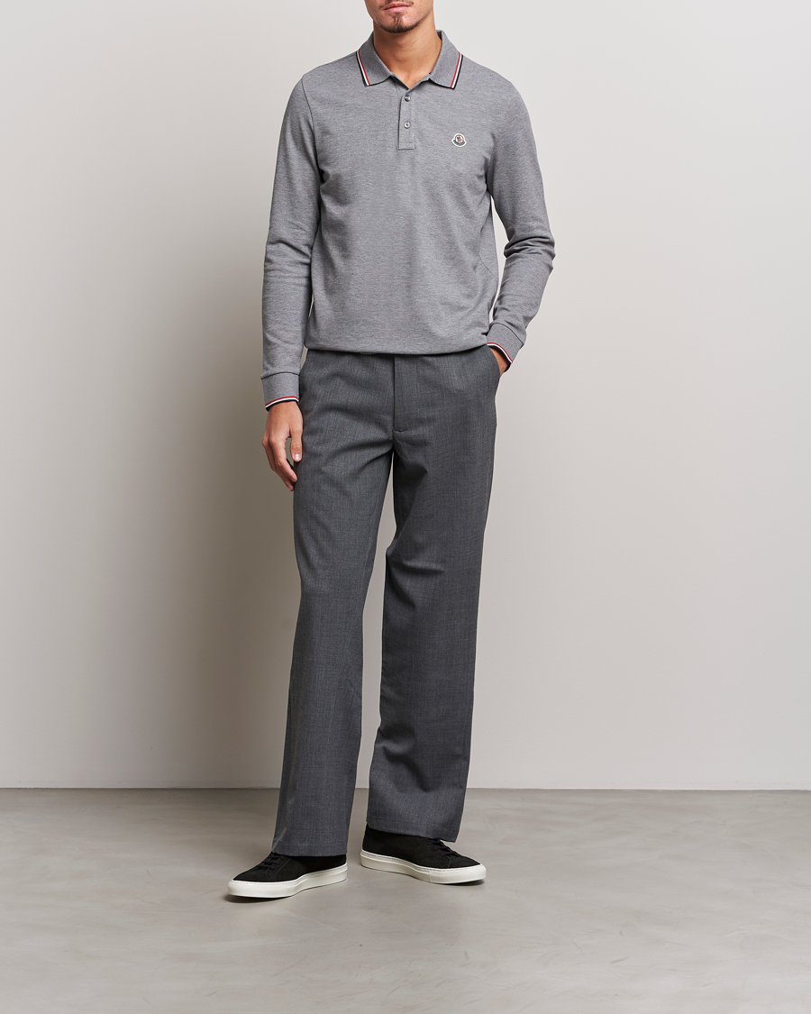 Mies | Puserot | Moncler | Contrast Rib Long Sleeve Polo Light Grey