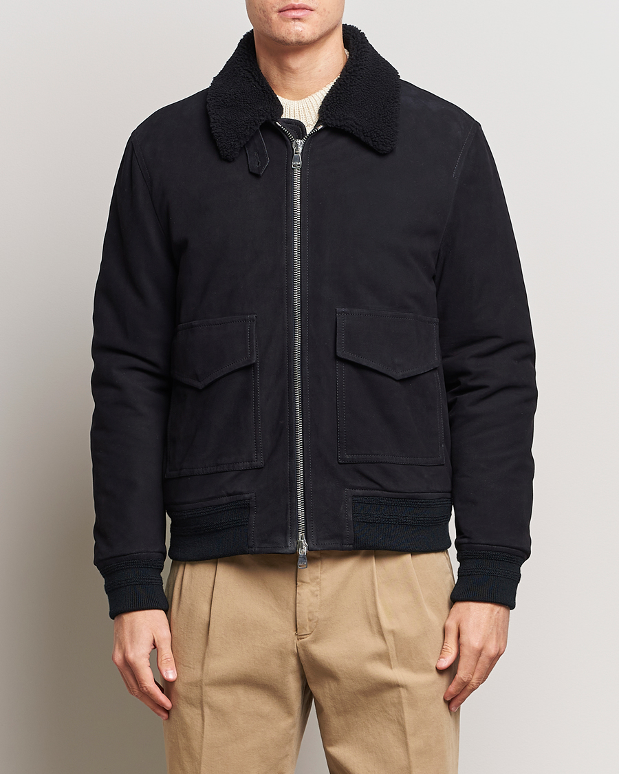 Mies | Takit | Valstar | Shearling Collar Suede Bomber Navy