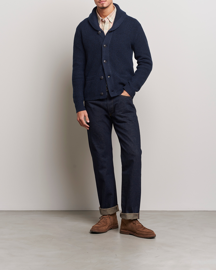 Mies | Puserot | RRL | Recycled Cashmere Shawl Cardigan Navy Heather