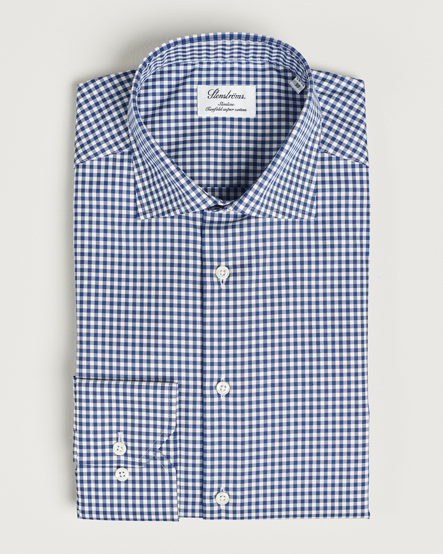 Mies | Bisnespaidat | Stenströms | Slimline Mini Check Cut Away Shirt Blue
