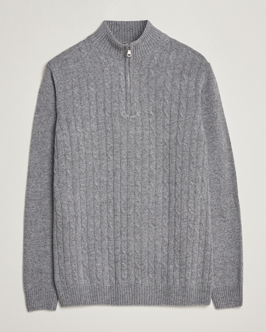 Mies | Puserot | Oscar Jacobson | Percy Wool/Cashmere Knitted Half Zip Grey Melange