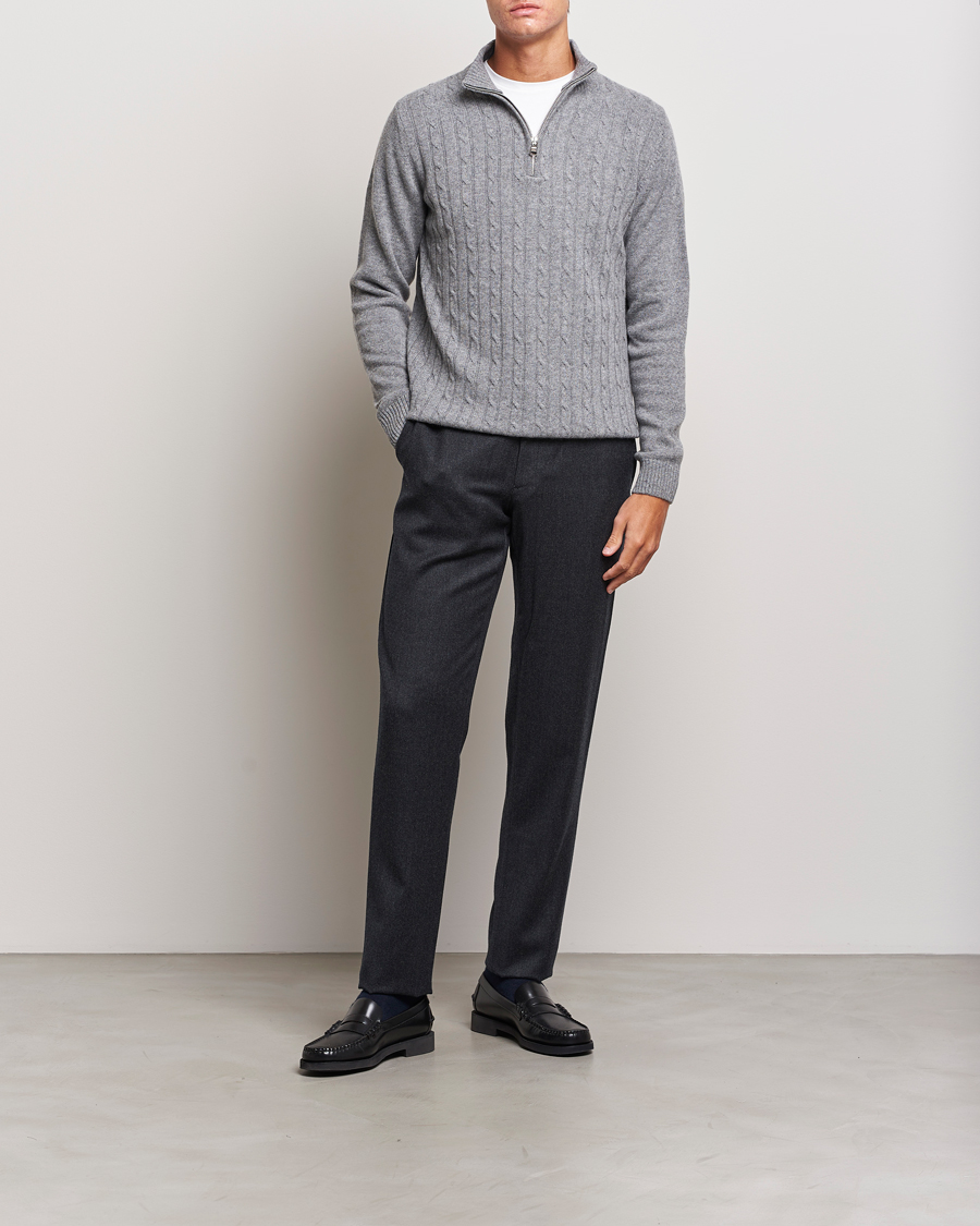 Mies | Puserot | Oscar Jacobson | Percy Wool/Cashmere Knitted Half Zip Grey Melange