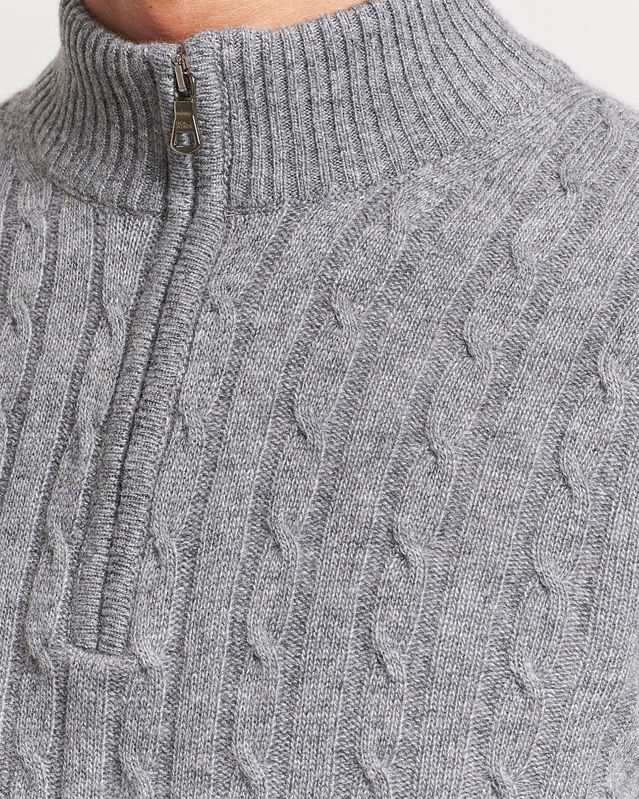 Mies | Puserot | Oscar Jacobson | Percy Wool/Cashmere Knitted Half Zip Grey Melange
