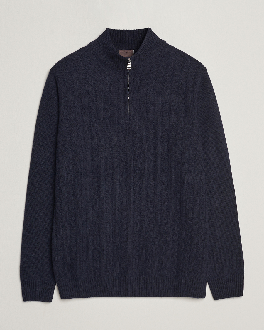 Mies | Puserot | Oscar Jacobson | Percy Wool/Cashmere Knitted Half Zip Navy