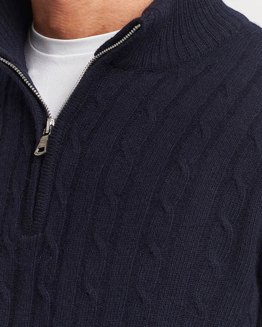 Mies | Puserot | Oscar Jacobson | Percy Wool/Cashmere Knitted Half Zip Navy