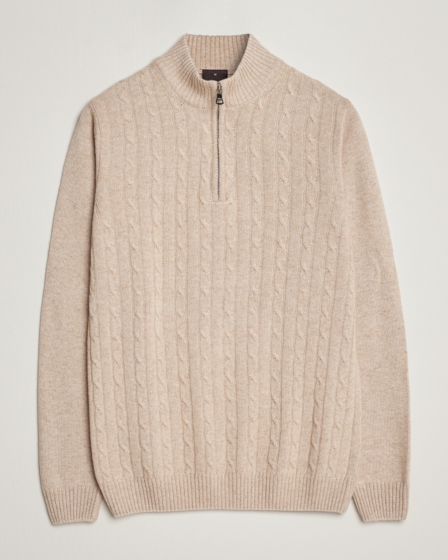 Mies | Puserot | Oscar Jacobson | Percy Wool/Cashmere Knitted Half Zip Beige