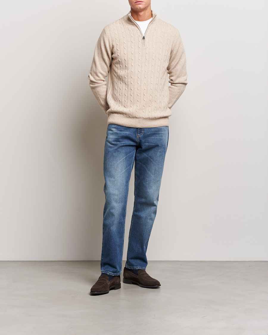 Mies | Puserot | Oscar Jacobson | Percy Wool/Cashmere Knitted Half Zip Beige
