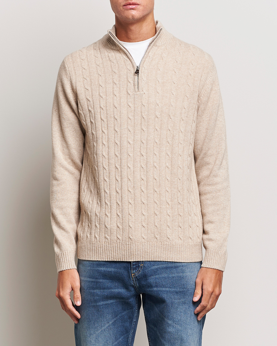 Mies | Puserot | Oscar Jacobson | Percy Wool/Cashmere Knitted Half Zip Beige
