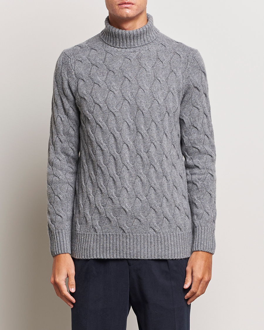 Mies | Business & Beyond | Oscar Jacobson | Seth Heavy Knitted Wool/Cashmere Cable Rollneck Grey