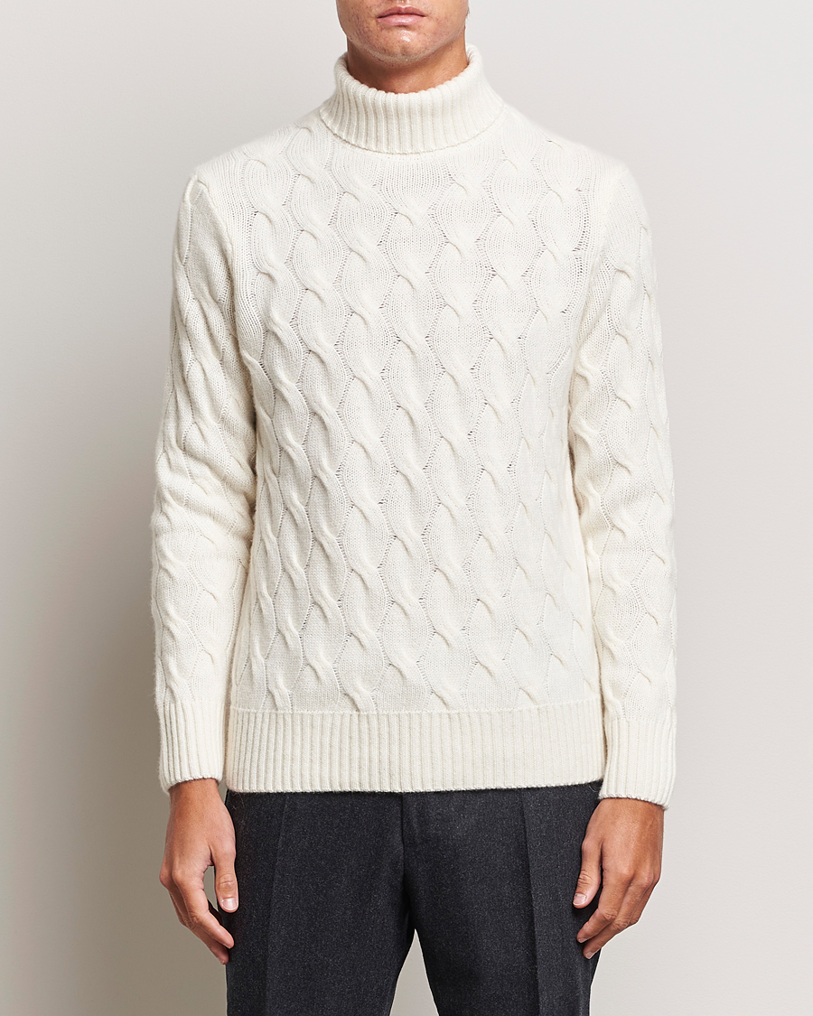 Mies | Business & Beyond | Oscar Jacobson | Seth Heavy Knitted Wool/Cashmere Cable Rollneck White