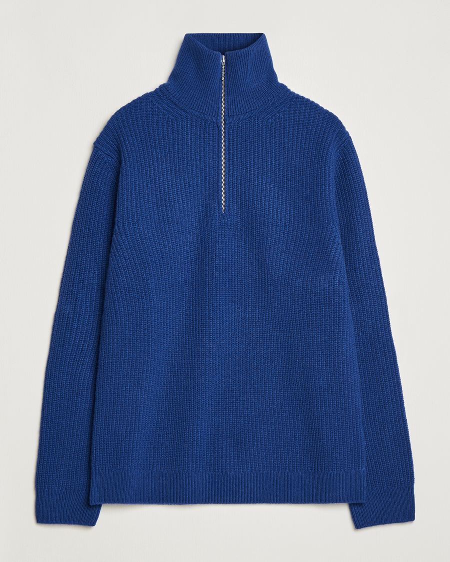 Mies | Puserot | Nudie Jeans | August Wool Rib Knitted Half Zip Royal Blue