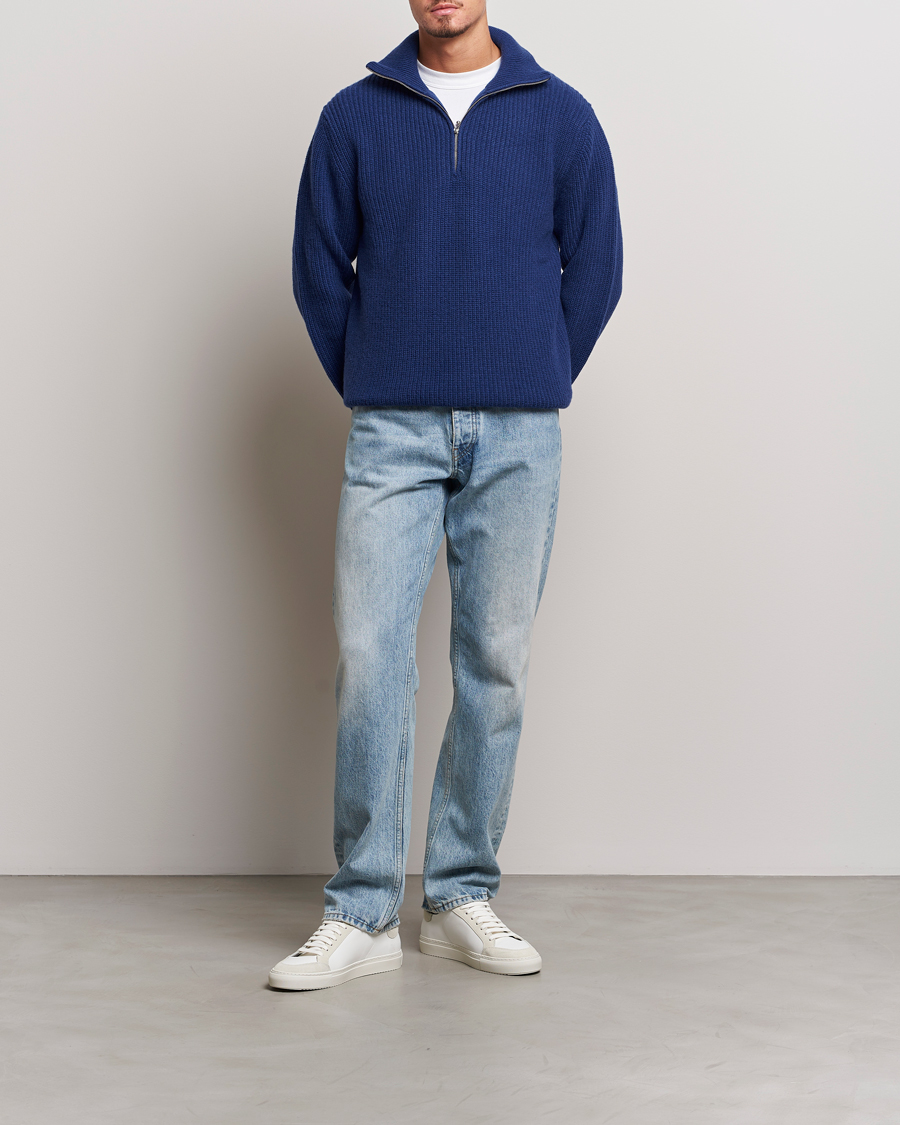 Mies | Puserot | Nudie Jeans | August Wool Rib Knitted Half Zip Royal Blue
