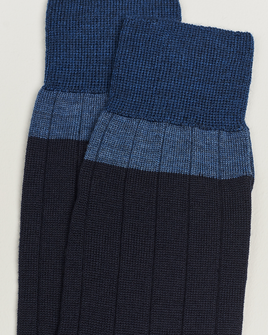 Mies |  | Bresciani | Wide Ribbed Block Stripe Wool Socks Navy
