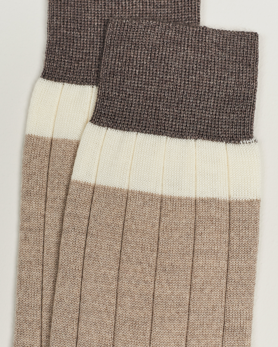 Mies |  | Bresciani | Wide Ribbed Block Stripe Wool Socks Biege