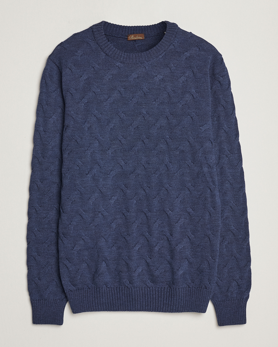 Mies | Puserot | Stenströms | Heavy Cable Merino Crew Neck Blue