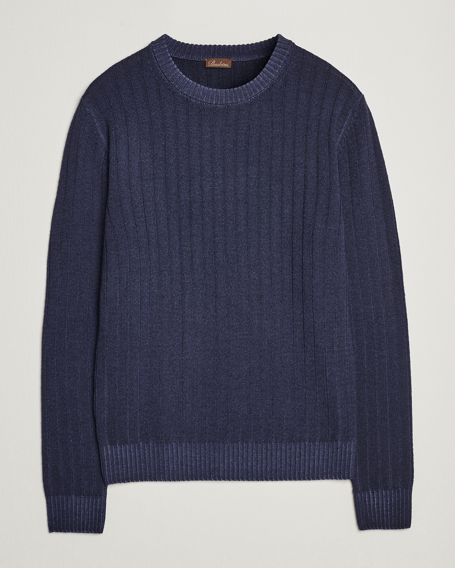 Mies | Puserot | Stenströms | Garment Dyed Ribbed Merino Wool Crewneck Blue