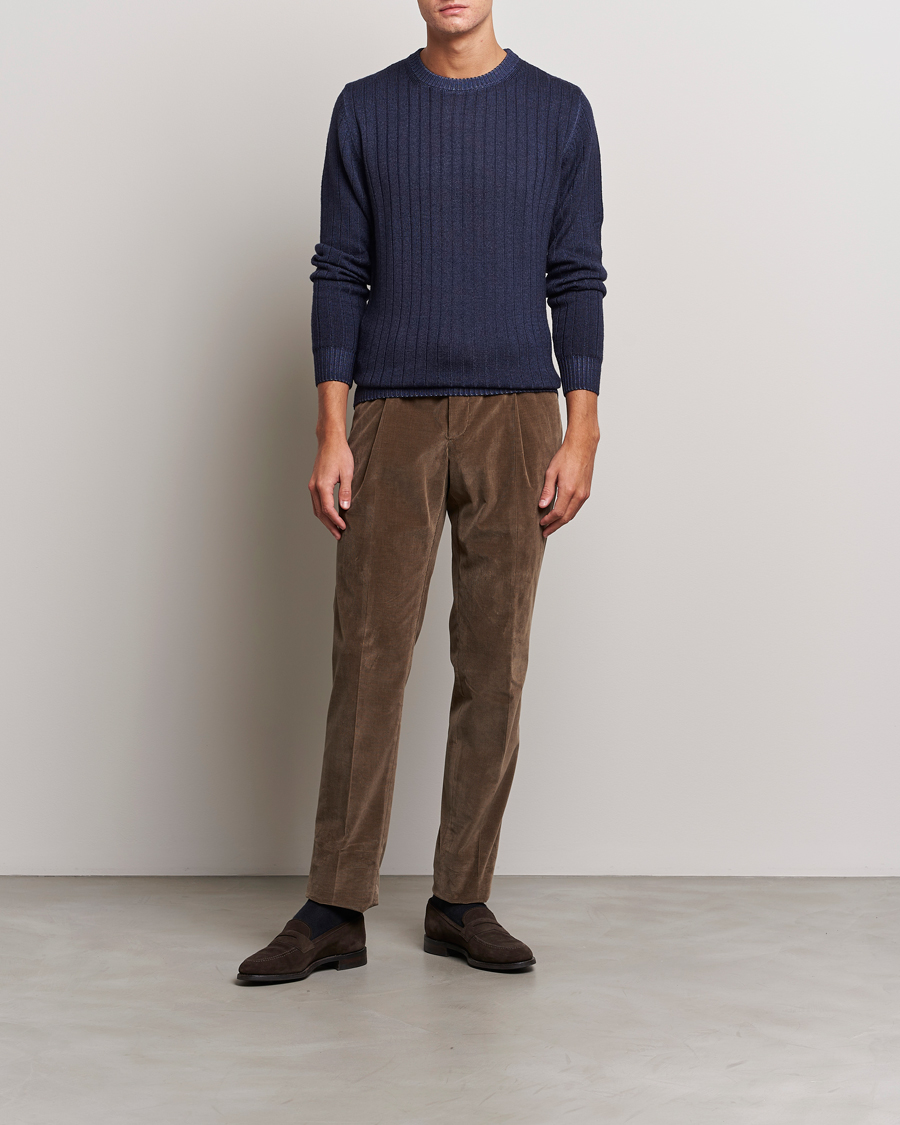 Mies | Puserot | Stenströms | Garment Dyed Ribbed Merino Wool Crewneck Blue
